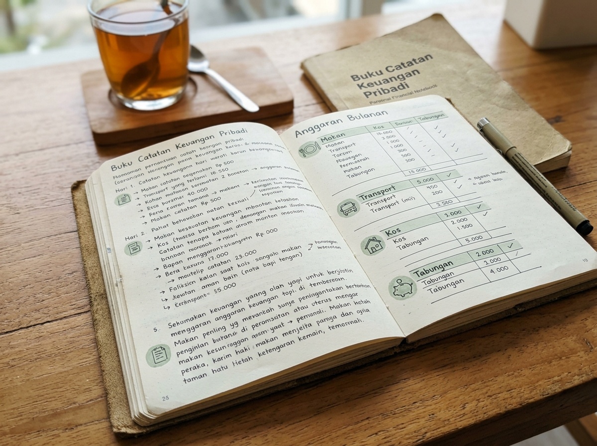 Buku catatan keuangan terbuka di atas meja kayu dengan pena dan kopi