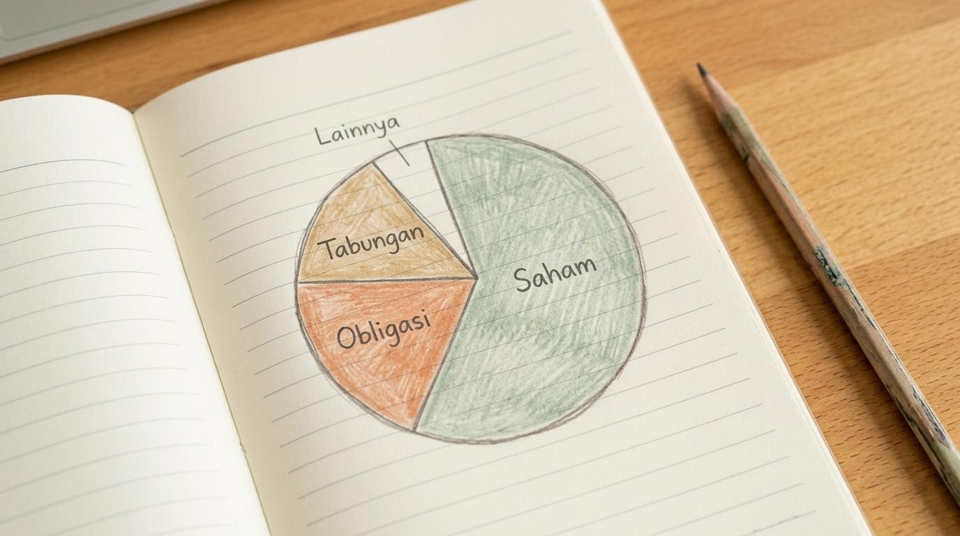 Diagram lingkaran alokasi aset sederhana di atas meja belajar