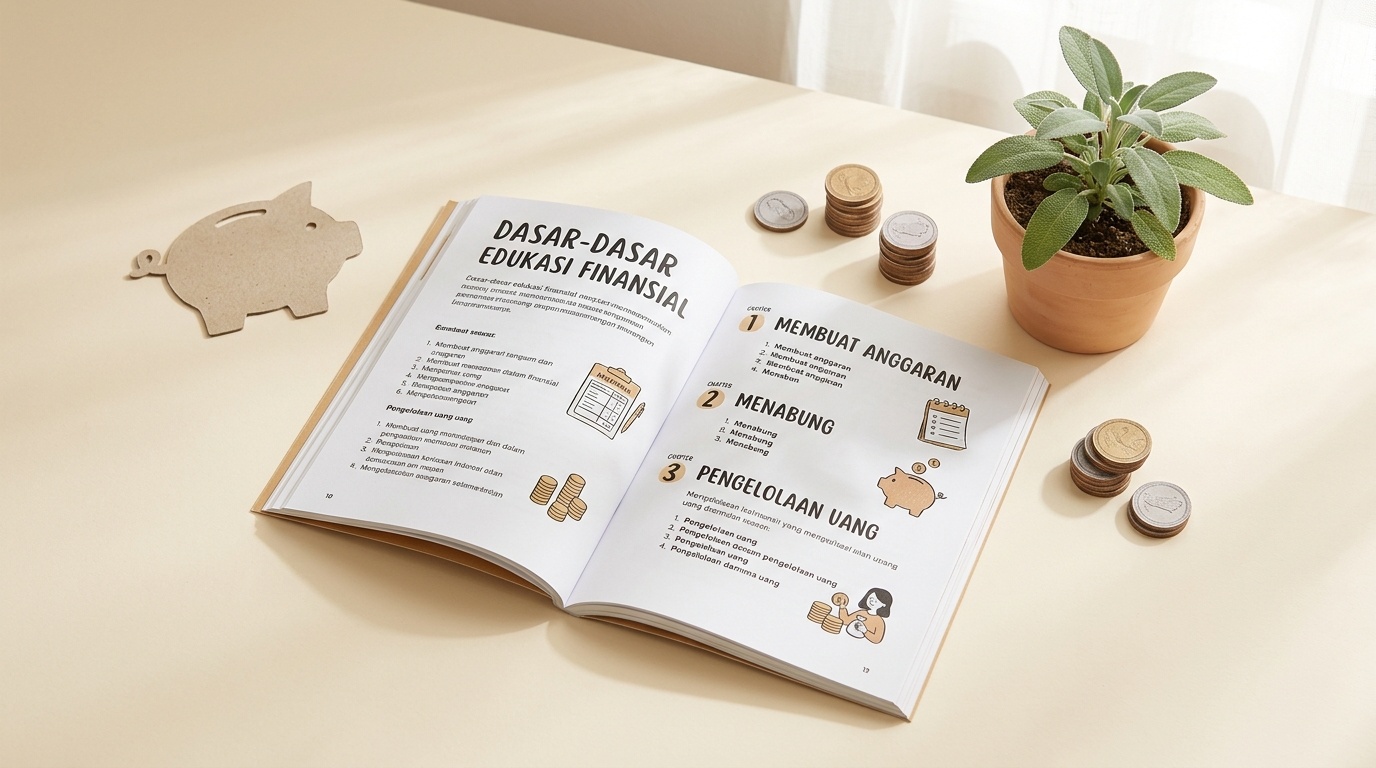 Ilustrasi buku dan koin menggambarkan konsep edukasi finansial dasar