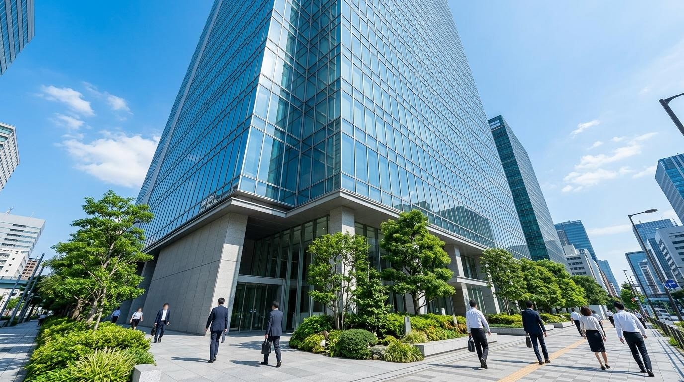 日立製作所の本社ビル外観とオフィス街の風景